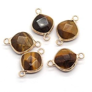 Pendentifs œil de tigre à facettes avec cadres dorés à double trou pour bijoux DIY