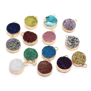 Flat round druzy stone charms with gold plating for DIY jewelry making in multiple colors