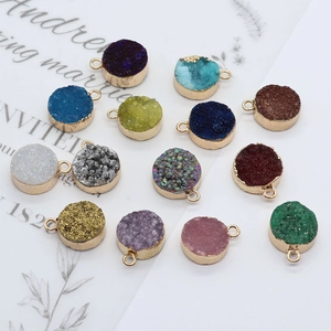 Natural round druzy agate stone pendants with gold plated edges in thirteen vibrant colors