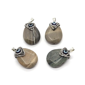 Teardrop Agate Evil Eye Pendant With Rhinestone Alloy Cap Natural Stone Water Drop Charm For DIY Necklace Jewelry Making Women