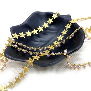 Cadena de metal con estrellas doradas y perlas ABS rosas para creación de joyas DIY, 10m