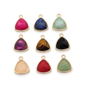 Set of 9 triangular gemstone pendants with gold plating in various natural colors