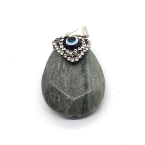 Natural teardrop stone pendant with blue evil eye bead and pavé crystal accents