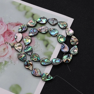 Macro detail of iridescent pear-shaped abalone shell beads for DIY jewelry making