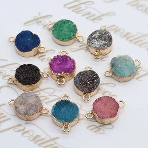 Set of colorful druzy gemstone connectors with gold-plated edges for DIY jewelry making