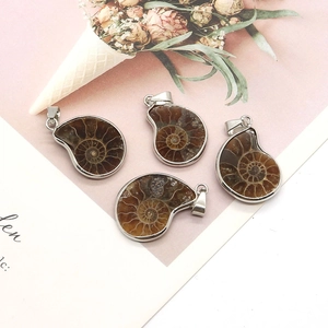Natural ammonite snail fossil pendants with silver plated edges and spiral textures