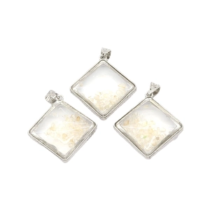Three rhombic silver frame pendants filled with natural white crystal stones for women