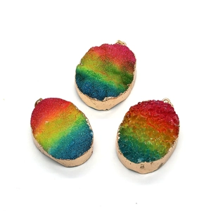 Pendentif en Pierre Naturelle Cristal Druzy Ovale Dégradé Arc-en-Ciel Bord Doré Électroplaqué pour Création de Bijoux DIY