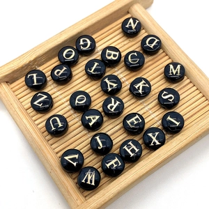 Black round 8mm shell beads with gold 26 alphabet letters for DIY jewelry making