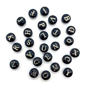 8mm round black shell beads with gold alphabet engraving for DIY jewelry necklaces