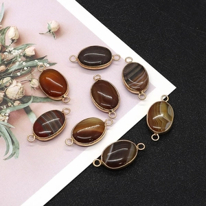 Natural agate oval pendants with gold-plated edges and double loops for DIY jewelry making