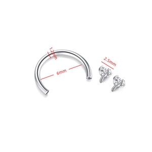 Roestvrijstalen hoefijzer neuspiercing met 5A zirkonia steentjes, maat 1,2mm x 6mm