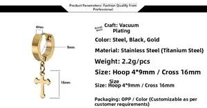 Detailed specs of gold titanium steel cross hoop earrings with precise dimensions