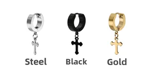 Three-piece set of cross pendant hoop earrings in steel, black, and gold finishes