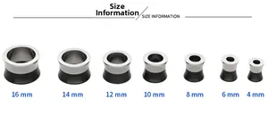 Size chart showing 4mm to 16mm gauge stainless steel and black hip hop ear flesh tunnels