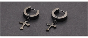 Detail of black brushed titanium steel hoop earrings featuring cross pendants for men