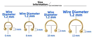 Size information chart for stainless steel horseshoe rings with wire and inner diameter details