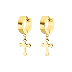 Minimalist gold-plated stainless steel cross dangle hoop earrings on a clean white background