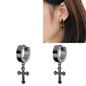 Gothic punk black titanium cross hoop earrings for men and women shown on model