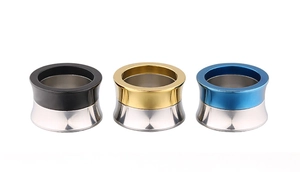 Three-color hip-hop stainless steel ear plugs set in black, gold and blue with metallic finish