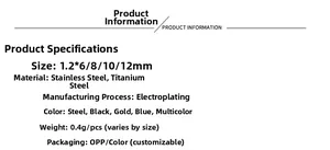 Detailed technical specifications chart for stainless steel body piercing jewelry sizes