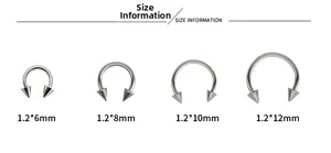 Size information for stainless steel horseshoe piercings with spike ends in four diameters