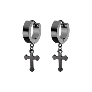 Polished black punk style cross hoop earrings in stainless steel for men and women