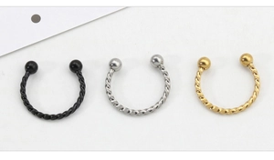 Three-piece twisted U-shaped nose rings in black, silver, and gold stainless steel finish