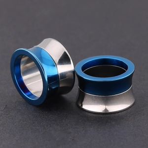Blue and silver stainless steel ear plug with a sleek polished two-tone finish