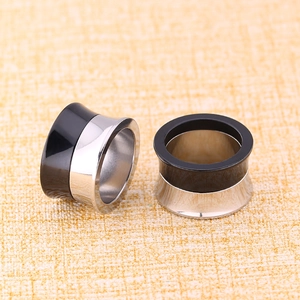 Polished stainless steel and black resin double flared ear plugs for body piercing jewelry