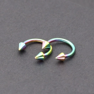 Rainbow stainless steel horseshoe piercing jewelry with spiked ends for lip and nose