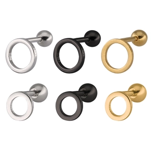 Minimalist round cutout stainless steel stud earrings set in silver, black and gold finishes