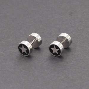 Pendientes de Botón de Mancuerna de Acero Inoxidable Hip Hop Estilo Punk Esmalte Negro Patrón de Estrella Joyas Para Hombre Mujer