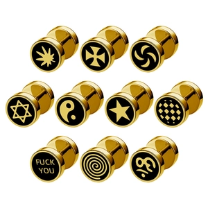 Set de 10 pendientes de barra dorados con diversos símbolos punk de esmalte negro