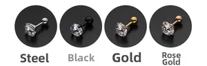 Vue détaillée de quatre boucles d'oreilles en zircon en acier, noir, or et or rose