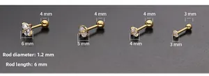 Tableau des tailles pour clous d'oreilles en acier doré et zircone cubique de 3mm à 6mm