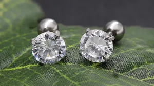 Détail de boucles d'oreilles AAA en zircone cubique ronde sur une feuille verte fraîche