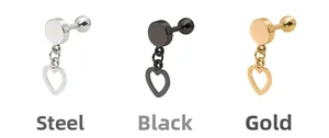 Three minimalist barbell stud earrings with heart pendants in steel, black and gold finishes