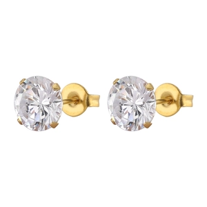 Boucles d'oreilles en acier inoxydable doré avec zircons blancs AAA ronds à 4 griffes