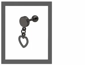 Macro shot of black stainless steel barbell stud earring with hollow heart drop pendant