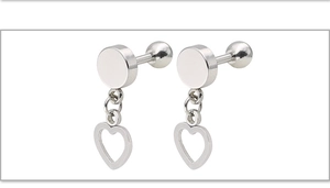 Detail of silver hollow heart pendant earrings with stainless steel ball back closure