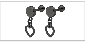 Close-up of black stainless steel barbell stud earrings with hollow heart dangle pendants