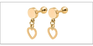 Macro view of gold heart drop earrings featuring geometric cutouts and ball screw backs