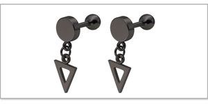Close-up of matte black barbell studs featuring geometric hollow triangle pendants