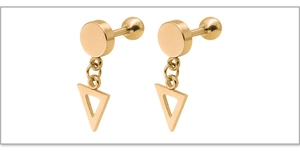 Detailed macro view of gold geometric barbell earrings with hollow triangle charms
