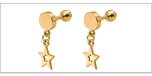 Detail of gold barbell earrings featuring round studs and hollow star charms