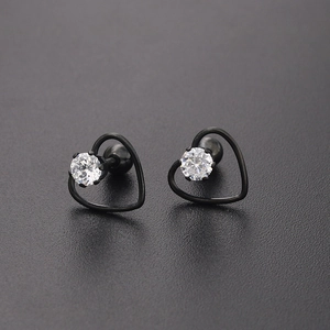 Minimalist black heart-shaped stud earrings with sparkling white cubic zirconia