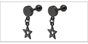Detail of black stainless steel barbell stud earrings with hollow star pendants