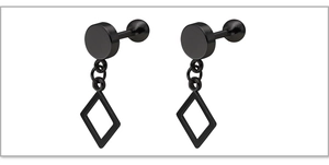 Close-up of black geometric diamond pendant barbell stud earrings with a matte finish