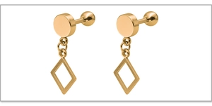Detailed view of gold geometric stud earrings with round disk and hollow rhombus pendants